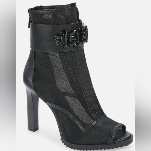KARL LAGERFELD PARIS Blayze Black Mesh Beaded Heel Peep Toe Lug Sole Booties - Picture 1 of 10